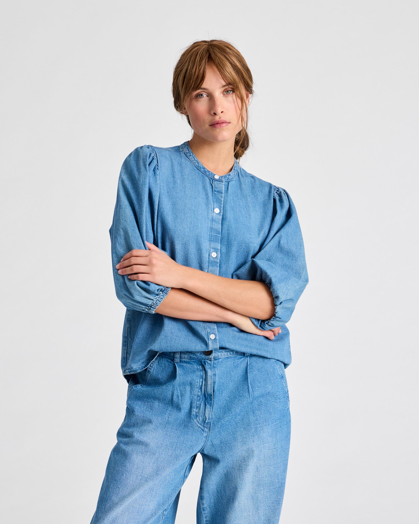 GAI+LISVA Elinor L/S Cotton Denim Light Washed Stand Collar Shirt GOTS Shirts & Blouses 710 Blue Denim