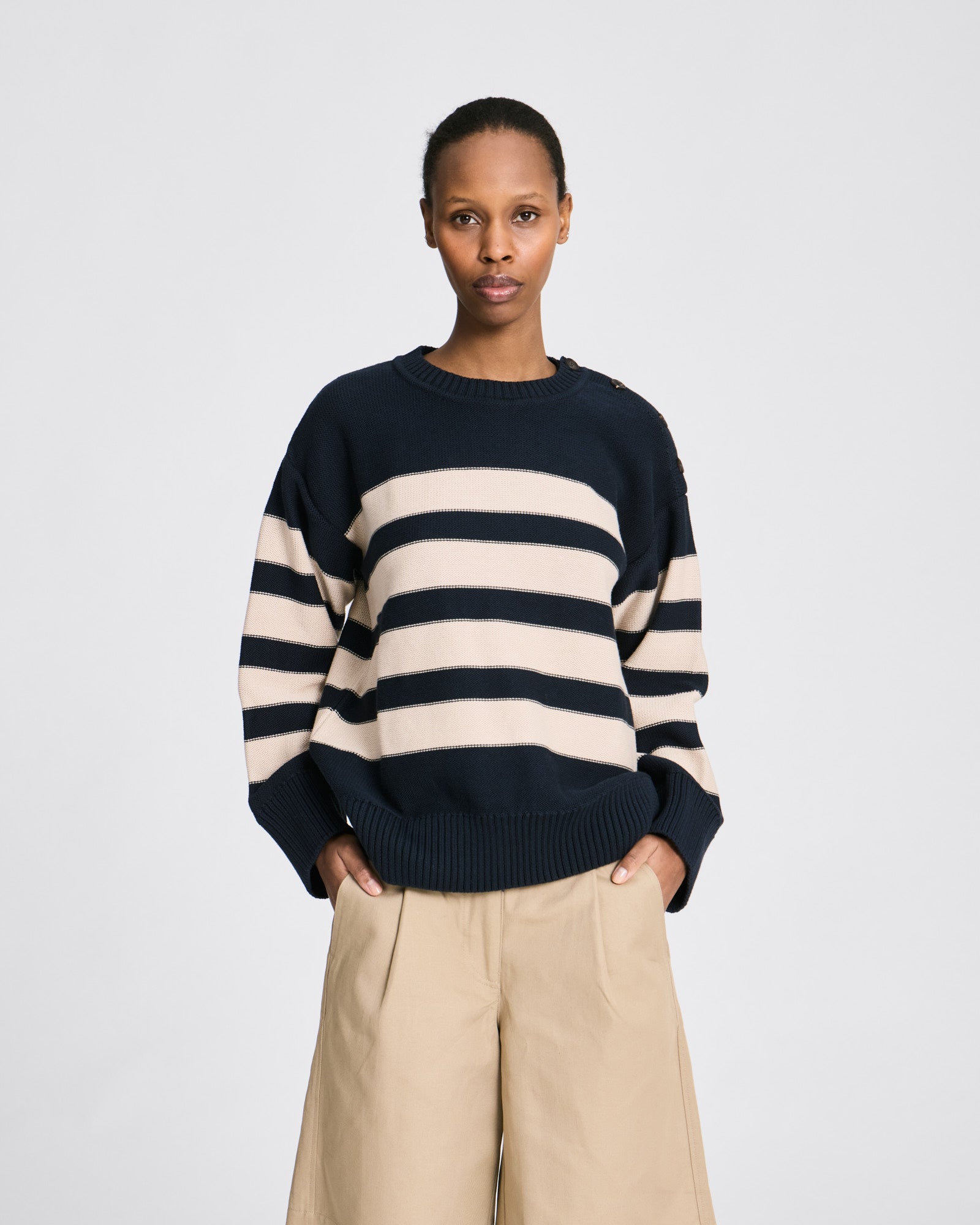 GAI+LISVA Fiona L/S Cotton Knit GOTS Cotton l Knitwear 706 Striped Midnight Blue /Ancient Grey