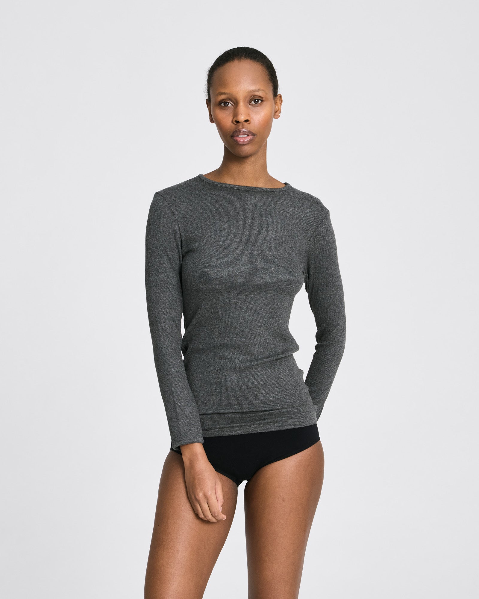 GAI+LISVA Linda L/S Viscose Stretchable Top 2x2 Rib Tops & T-shirts 764 Dark Grey Melangé